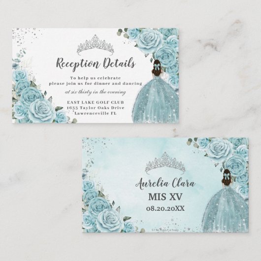 Türkisblau Blume Silver Quinceañera Empfang Begleitkarte (Vorne/Hinten)