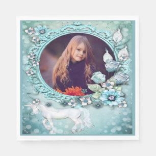 Türkisblau-Blütenhorn-Foto Geburtstag Serviette