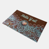 Türkisblau-brauner Western Cowboy Hallo y'all Fußmatte (Schrägansicht)