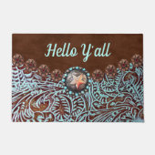 Türkisblau-brauner Western Cowboy Hallo y'all Fußmatte (Vorderseite)