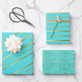 Türkisblau Elegant Gold gestreift Geschenkpapier Set