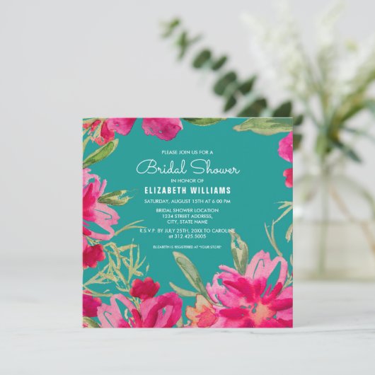 Türkisblau Fuchsia Wasserfarbenes Brautparty Einladung (Stehend Vorderseite)
