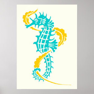 Türkisblau, Gelb und Algen im Seepferd Poster