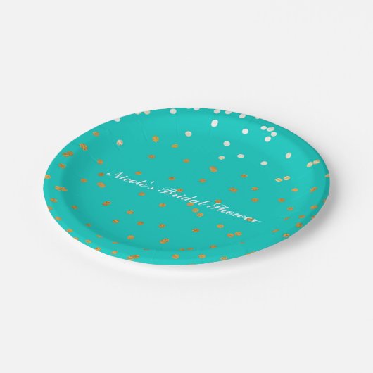 Türkisblau & goldene Shiny Confetti Dots Moderne Pappteller (Schrägansicht)