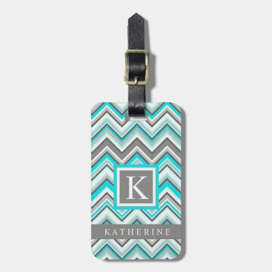 Türkisblau Graugrün Zickzack Muster Gepäckanhänger (Vorderseite vertikal)