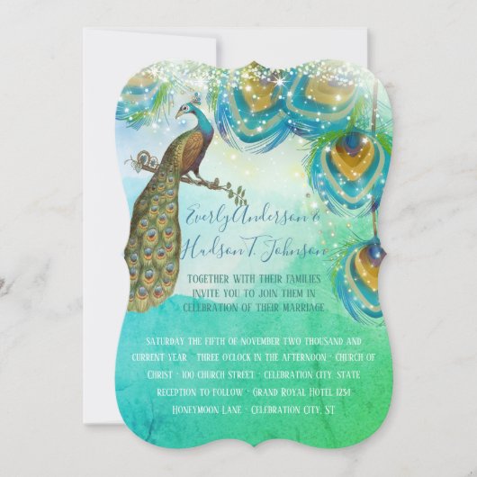 Türkisblau Grün und Kupfer Peacock Feather Einladung (Vorderseite)