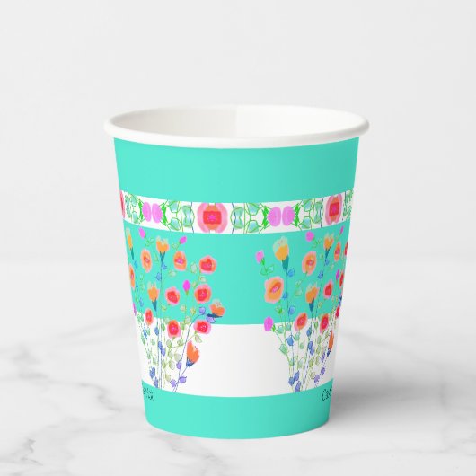 Türkisblau mit farbenfroher Blüte Pappbecher (Links)