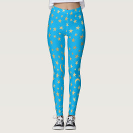 Türkisblau mit goldfarbenen Stars und Monden Leggings