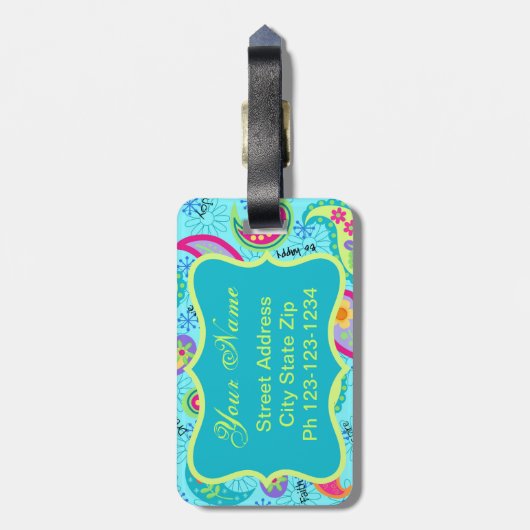 Türkisblau Modern Paisley Muster Monogram Gepäckanhänger (Rückseite vertikal)