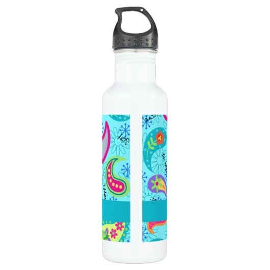 Türkisblau Modern Paisley Muster Monogram Trinkflasche (Rückseite)
