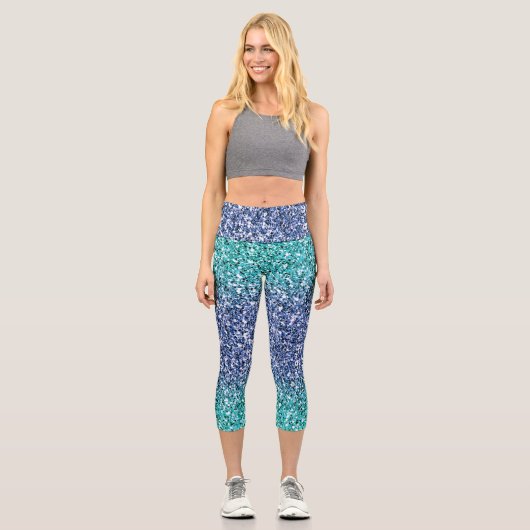 Türkisblau Ombre Glitzer Capri Leggings (Vorderseite)