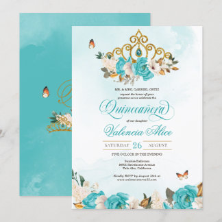 Türkisblau Rose Gold Tiara Butterfly Quince Einladung
