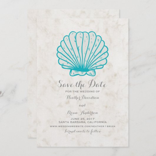 Türkisblau Rustikale Seashell Save the Date einlad (Vorne/Hinten)