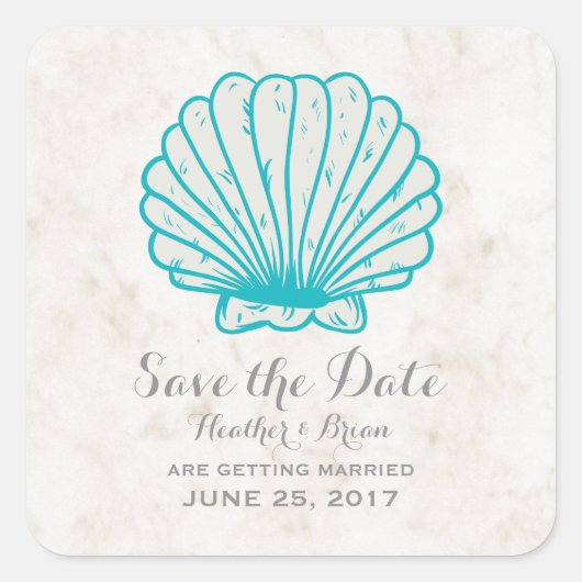 Türkisblau Rustikale Seashell Save the Date Quadratischer Aufkleber (Vorderseite)