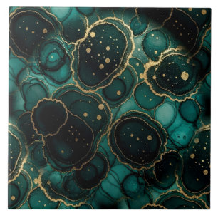 Türkisblau, Schwarz und Gold Alcohol Ink Fliese