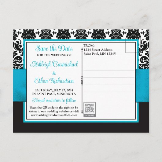 Türkisblau, schwarze Damast Liebe Hört Save the Da Postkarte (Rückseite)