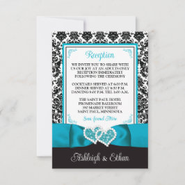 Türkisblau, schwarzer Damast, Liebe Herz Umschließ RSVP Karte