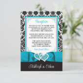 Türkisblau, schwarzer Damast, Liebe Herz Umschließ RSVP Karte (Stehend Vorderseite)