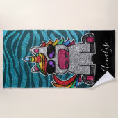 Türkisblau Schwarzer Glitzer Rainbow Unicorn Zebra Strandtuch (Vorderseite)