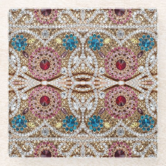 Türkisblau, silber, bordeauxrot, pink, böhmisch glasuntersetzer (Vorderseite)