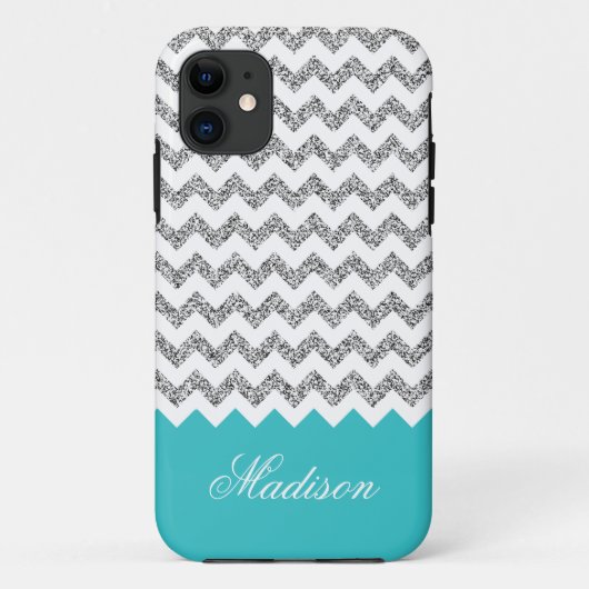Türkisblau Silvery Glitzer Zickzack Muster Case-Mate iPhone Hülle (Rückseite)