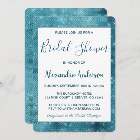 Türkisblau Sparkle Bridal Dusche Einladung (Vorne/Hinten)
