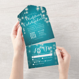 Türkisblau-Sparkle-String-Lights Hochzeit RSVP All In One Einladung
