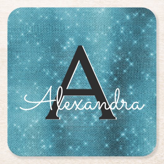 Türkisblau-Sparkon-Monogramm Geburtstag Rechteckiger Pappuntersetzer (Vorderseite)