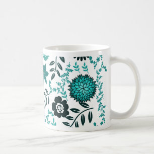 Türkisblau- und Dunkelheits-Olivgrünmuster mit Kaffeetasse