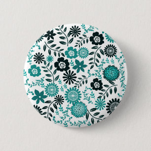 Türkisblau und dunkelolivgrünes Muster mit Blumen Button
