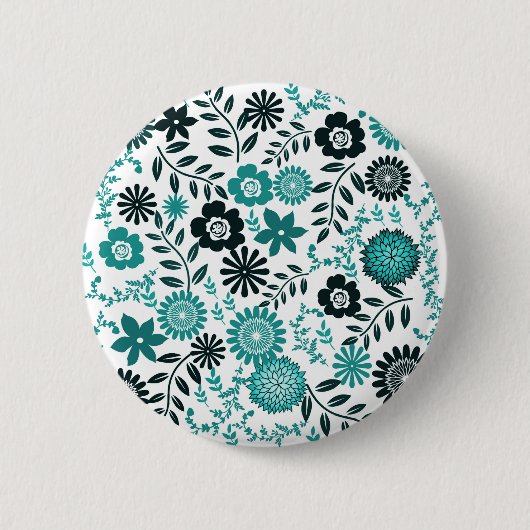 Türkisblau und dunkelolivgrünes Muster mit Blumen Button (Vorderseite)