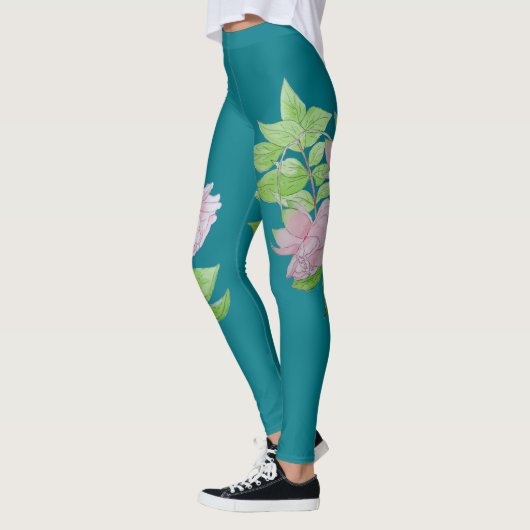 Türkisblau und fett rosa Blume Blumenmuster Leggings (Links)