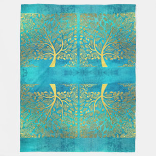 Türkisblau und goldener Baum des Lebens Fleecedecke
