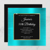 Türkisblau und goldener Foil Schwarz 50. Geburtsta Einladung (Vorne/Hinten)