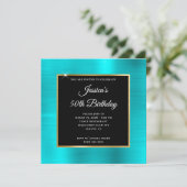 Türkisblau und goldener Foil Schwarz 50. Geburtsta Einladung (Stehend Vorderseite)