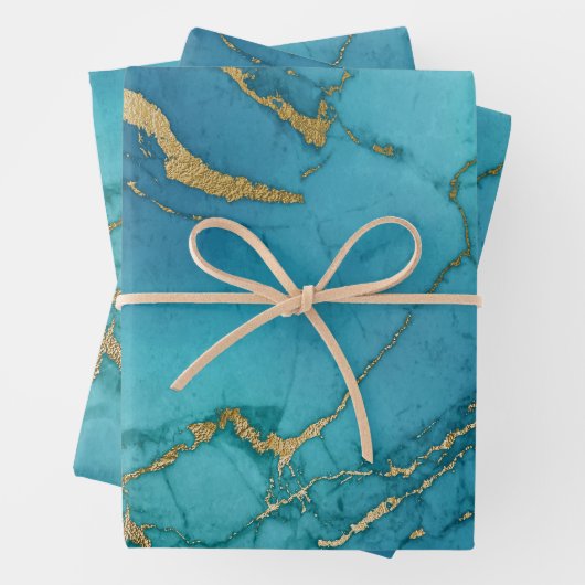 Türkisblau und goldfarbener Marmor Geschenkpapier Set (Beispiel)