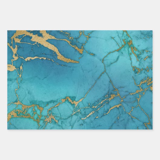 Türkisblau und goldfarbener Marmor Geschenkpapier Set (Vorderseite)