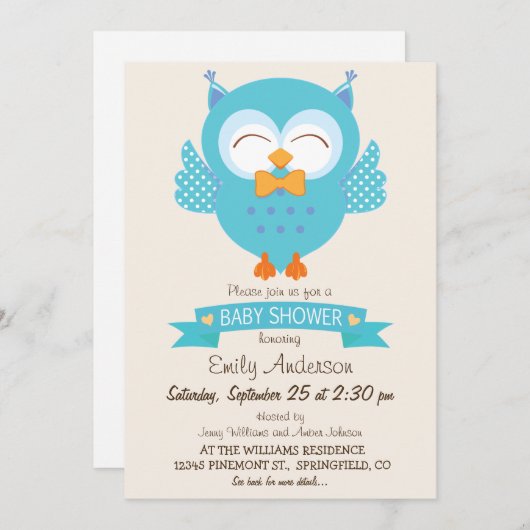 Türkisblau und Lila Boy Owl Baby Dusche Einladung (Vorne/Hinten)