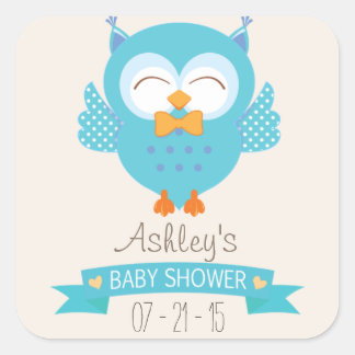 Türkisblau und Lila Boy Owl Baby Dusche Quadratischer Aufkleber