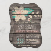 Türkisblau und rosa Blume auf rustikaler Holzdusch Einladung (Vorne/Hinten)