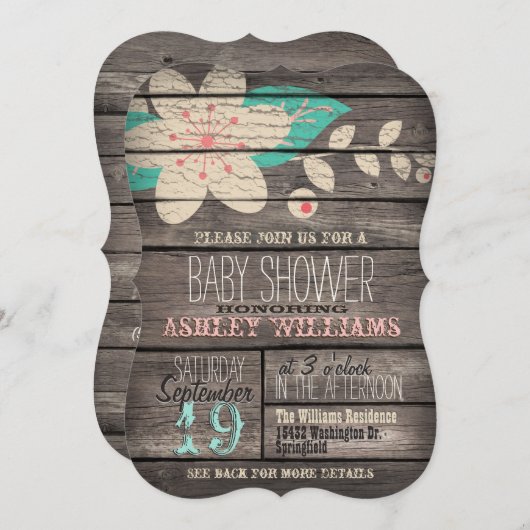 Türkisblau und rosa Blume auf rustikaler Holzdusch Einladung (Vorne/Hinten)