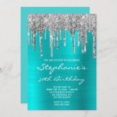 Türkisblau und Silberner Tropfen 50. Geburtstag Einladung (Vorne/Hinten)