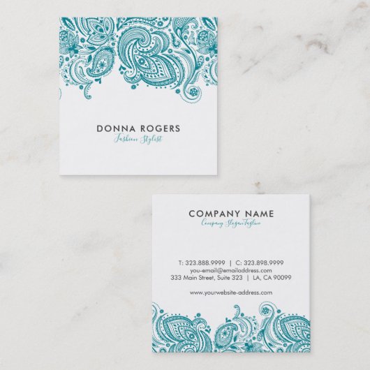 Türkisblau und Weiß Blütenpaisley Leace Quadratische Visitenkarte (Vorne/Hinten)