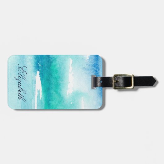 Türkisblau Wasserfarbener Ozean Personalisierter N Gepäckanhänger (Vorderseite horizontal)