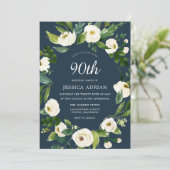 Türkisblau Weiße Blume 90. Geburtstag Einladung (Stehend Vorderseite)