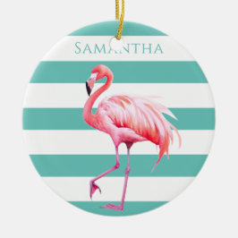 Türkisblau Weiße Streifen Pink Flamingo Weihnachte Keramik Ornament