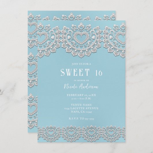 Türkisblau Weißes Spitzenherz Süß 16 Einladung (Vorne/Hinten)