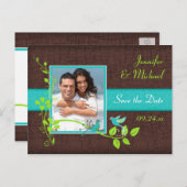 Türkisblaubraun-Blütenvögel Save the Date Ankündigungspostkarte (Vorne/Hinten)