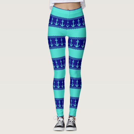 Türkisblaue Ankerküste Streifen Leggings (Vorderseite)