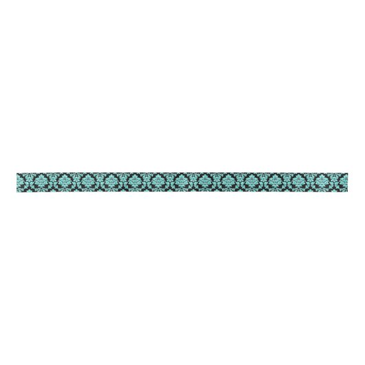 Türkisblaue Aqua Glitzer Schwarzer Damast Design Satinband (Vorderseite)